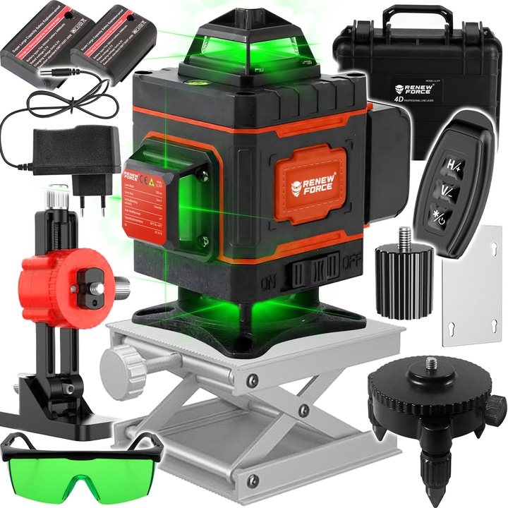 Nivel Laser cu Masurare 360° ce Emite 16 Linii de Masurare 8 Verticale si 8 Orizontale, Renew Force, Baza Pivotanta Magnetica Multifunctionala, Razele Laser Verzi Asigura o Nivelare Precisa si Clara, Telecomanda, Incarcator, Negru LL37P