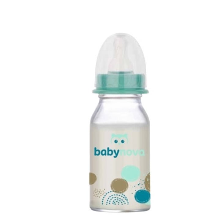 Biberon din sticla decorat 0-24 luni 120ml BabyNova verde