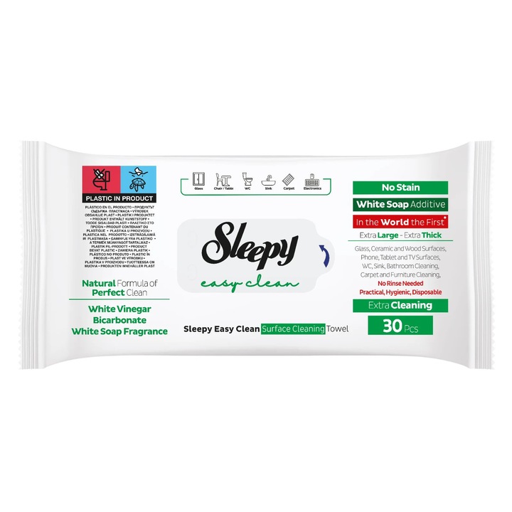 Servetele umede Sleepy Easy Clean White Soap Additive multisuprafete, 30 buc
