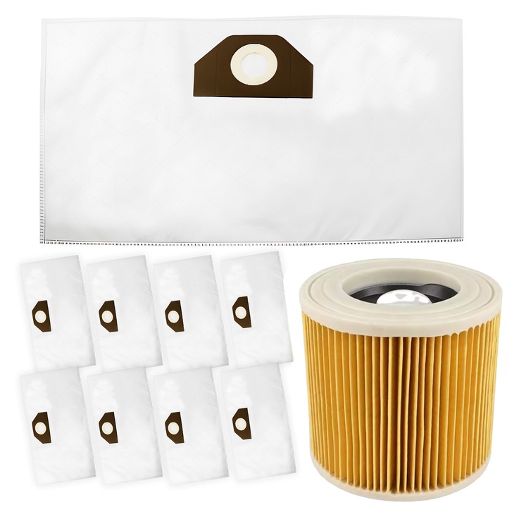 Saci de aspirator pentru aspiratoare Karcher seria WD3, WD2, SE 4001, SE 4001 Special, SE 4002, set de 10 bucati plus 1 filtru, Microfibra sintetica, 58,5 x 35,5 cm, Renew Force K-BAGSET-02