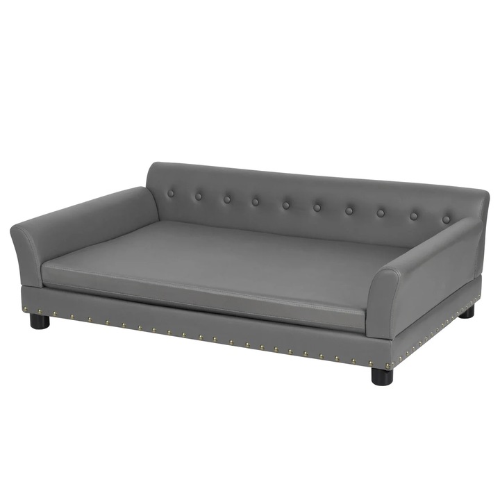 Magasított kutyafekhely, kényelmes téglalap alakú kisállatkanapé puha párnával, tartós váz, szürke, XL