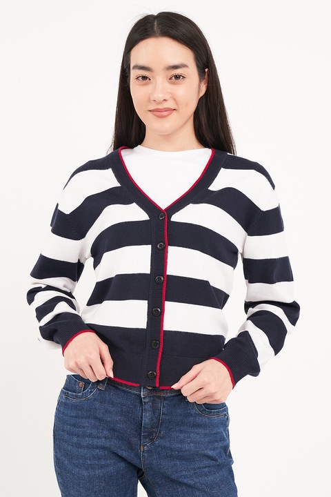 TIMEOUT, Cardigan cu decolteu in V si model in dungi, Alb/Albastru ultramarin
