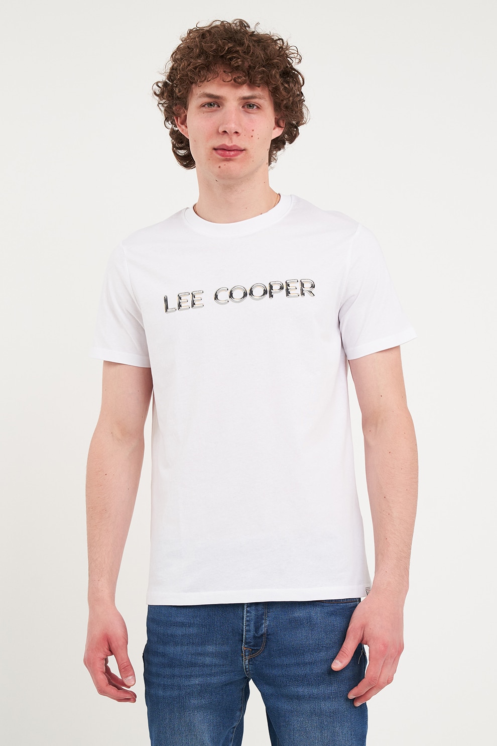 Lee Cooper, Tricou de bumbac cu decolteu la baza gatului, Alb, L