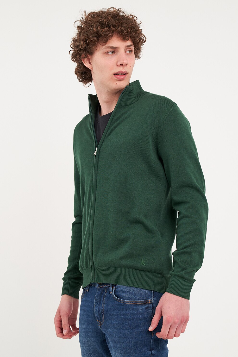 KVL by KENVELO, Pulover cu fermoar si mansete striate, Verde