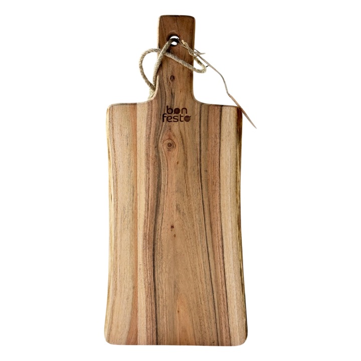 Tocator dreptunghiular cu maner din lemn natural de Acacia, Bonfesto®, Premium, 45 x 20 x 2.5 cm
