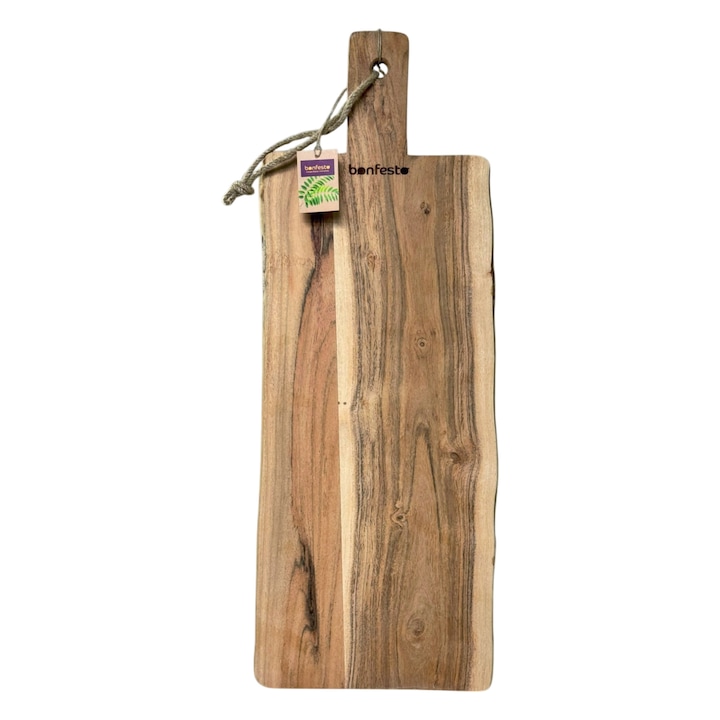 Tocator dreptunghiular cu maner din lemn natural de Acacia, Bonfesto®, 65 x 25 x 1.5 cm