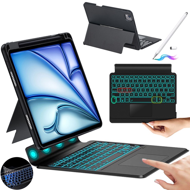 Husa Cu Tastatura Bluetooth Detasabila Pentru iPad Air 11 (M2 2024 si M3 2025) 11", iPad Air 5/4th Gen. 10.9", iPad Pro 11" 2022/2021/2020/2018, Fara fir, Bluetooth, Iluminare De Fundal in 7 Culori, Stylus Pen, Membrana Din Silicon Pentru Tastatura, Negru