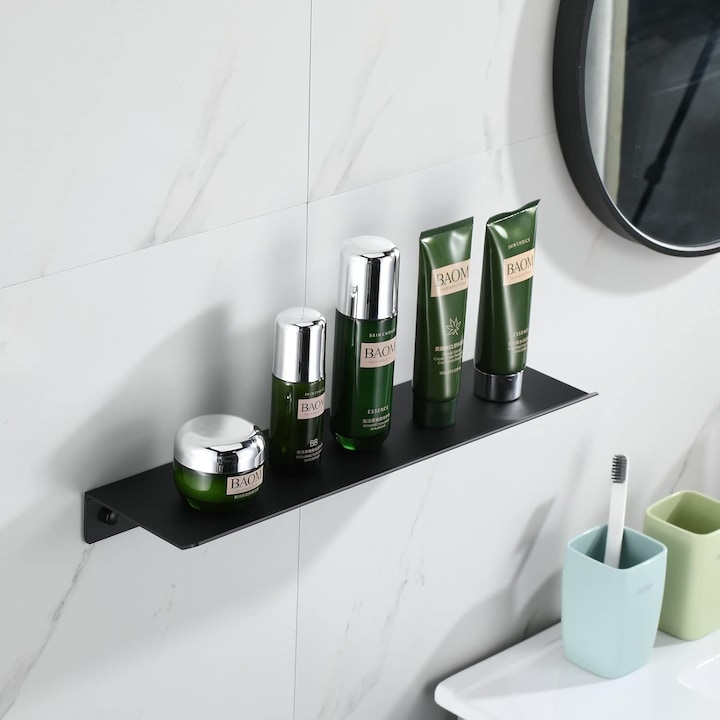 Raft de perete Kelelife, raft negru, 40 cm, raft de dus, raft de baie, otel inoxidabil, pentru living, dormitor, bucatarie, baie