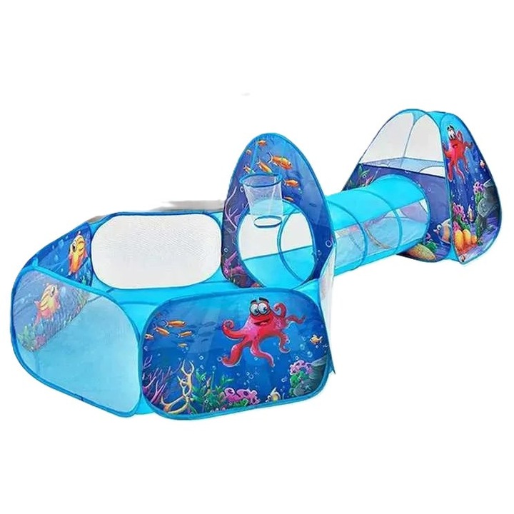 Set cort pentru copii 3 in1, GHEMOTOC®, spatiu de joaca cu piscina pentru bile, tunel si cort tip iglu, pliabil, albastru, cu animale marine
