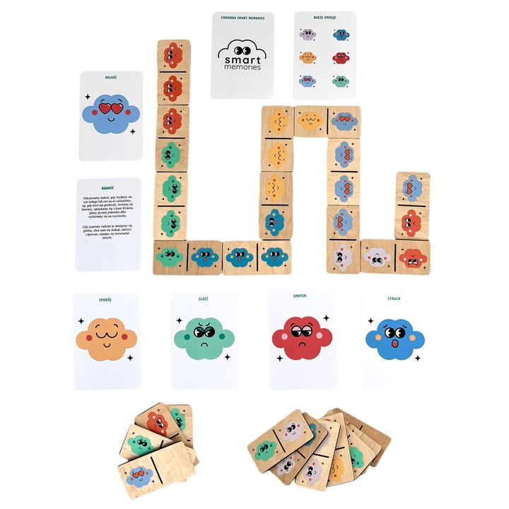 Joc educativ domino Emocje, 28 piese din lemn, cu carti, pentru dezvoltarea emotionala a copiilor