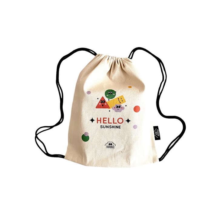 HELLO SUNSHINE iskolatáska, okos emlékek, ökológiai pamut, 33x40cm, szülőknek és gyerekeknek