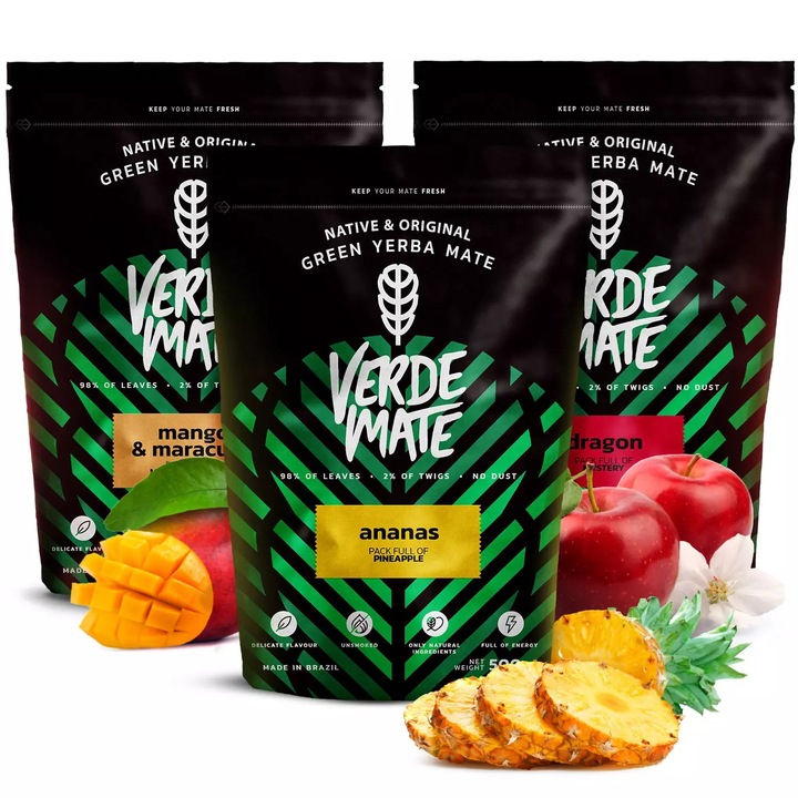 Yerba Mate Tea 1.5kg, Verde Mate Mango, Ananas, Dragon, Levegőszárított, Lágy ízű, Brazília, 3x500g