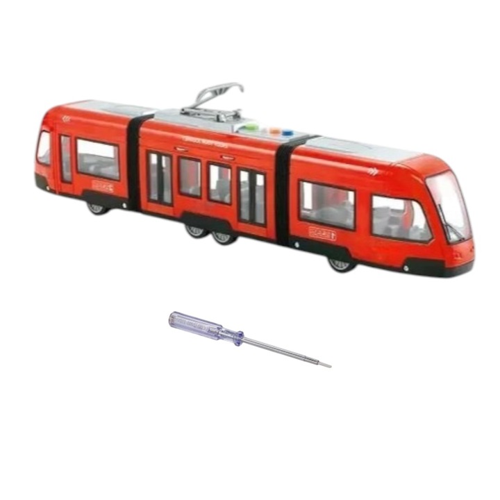 Piros villamos gyerekeknek elemekkel, színes fényekkel, zenével és mozgással + csavarhúzó az elemtartó működtetéséhez