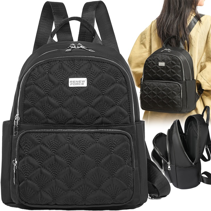 Rucsac dama elegant, Renew Force, PU de tip geanta, Cu bretele Reglabila, Cu cinci compartimente, fermoare rezistente, Ideal pentru scoala, facultate, calatorii, 30x28x14 cm, Negru QU-BP-01