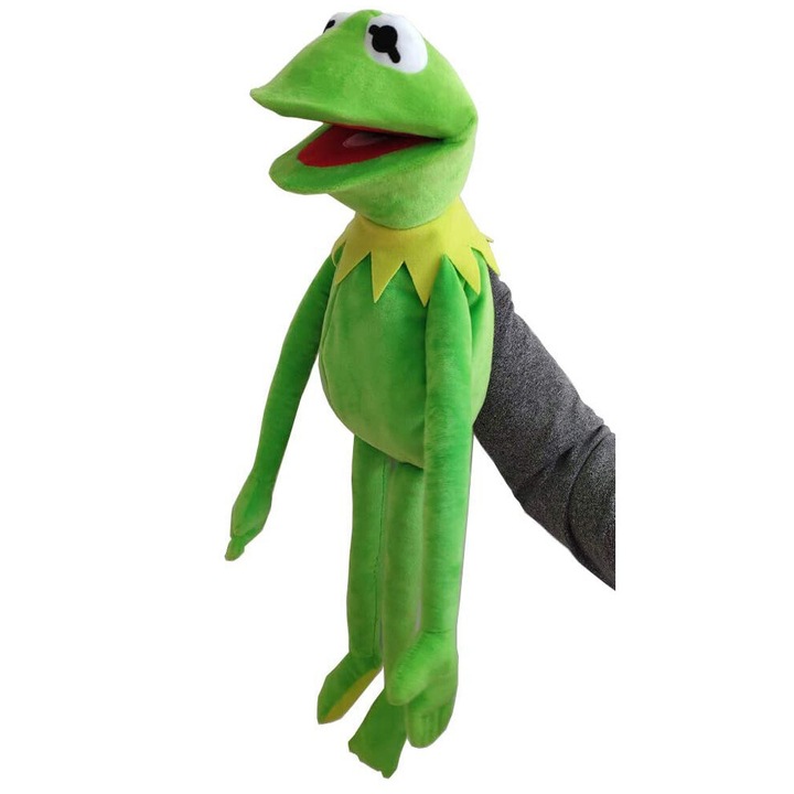 Papusa Kermit Frog, jucarie din plus moale, culoare verde, cu gura mobila, ideala pentru sarbatorile de Craciun