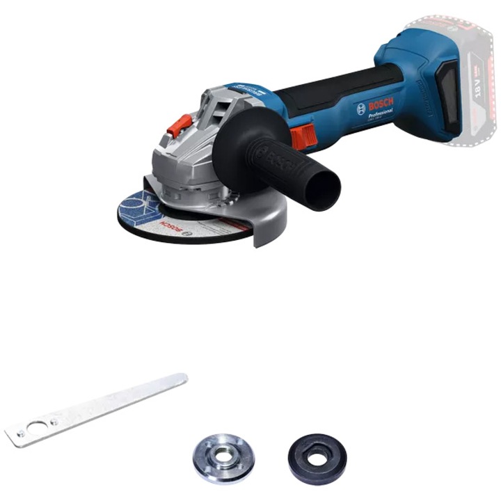 Polizor unghiular cu acumulator Bosch Professional GWS 18V-8, 18 V, 11.000 RPM, 125 mm diametru disc, cheie pentru splinturi, flansa de prindere, maner suplimentar, piulita de strangere, aparatoare de protectie, fara acumulator/incarcator