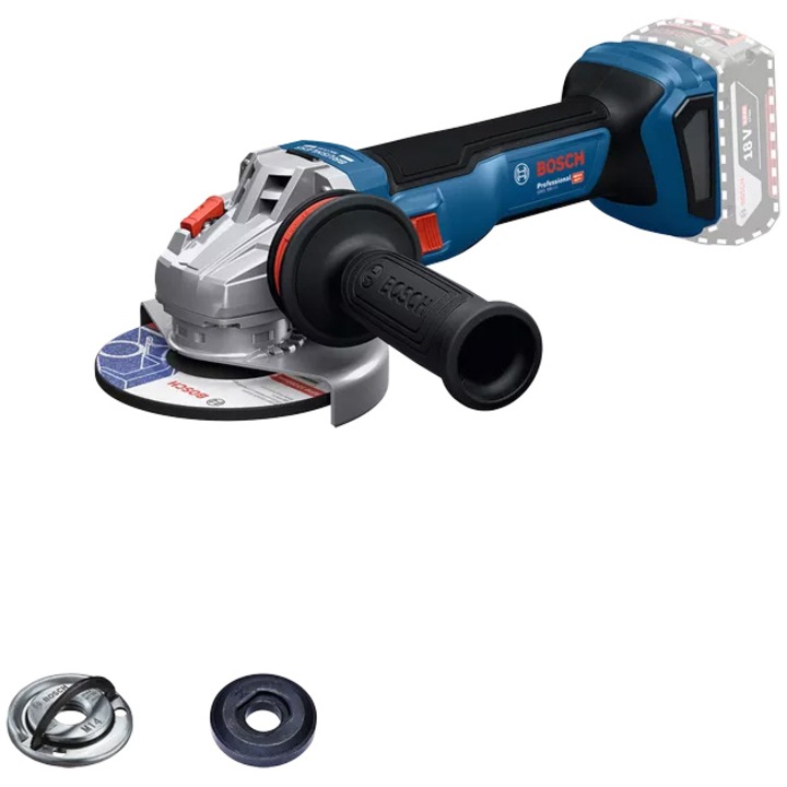 Polizor unghiular pe acumulator Bosch Professional GWS 18V-11 S, 18 V, 9000 RPM, 125 mm diametru disc, M14 arbore de slefuit, piulita cu blocare rapida, maner auxiliar, flansa de sprijin, aparatoare protectie, fara acumualtor/incarcator