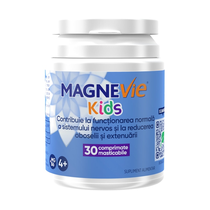 MagneVie Kids, 70mg magneziu + 0,6mg vitamina B6, sistem nervos și concentrare, 30 comprimate masticabile