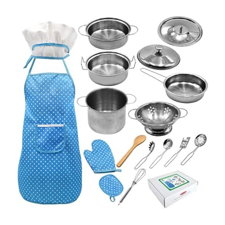 Gyerek konyhai játékkészlet, edény, tál, mosdó, kötény, sapka, kesztyű, rozsdamentes acél, kék