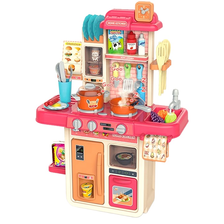 Set de Joaca Bucatarie Multifunctionala pentru Copii, 42 Piese, Lumini si Sunete Realiste, Aragaz, Cuptor, Chiuveta Functionala cu Apa, Bej Rose, 63x47x23 Cm, Utility One