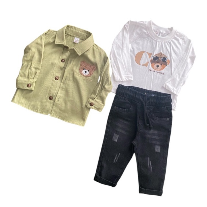 Set 3 piese baieti, camasa, bluza si pantaloni, verde/alb/negru, Multicolor