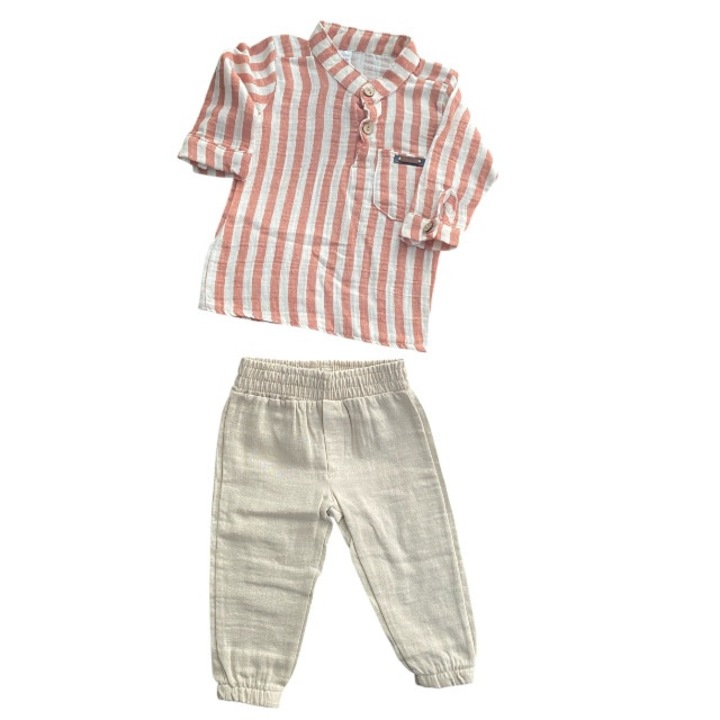 Set 2 piese baieti, camasa dungi si pantaloni in, bej/rosu-caramiziu, Multicolor