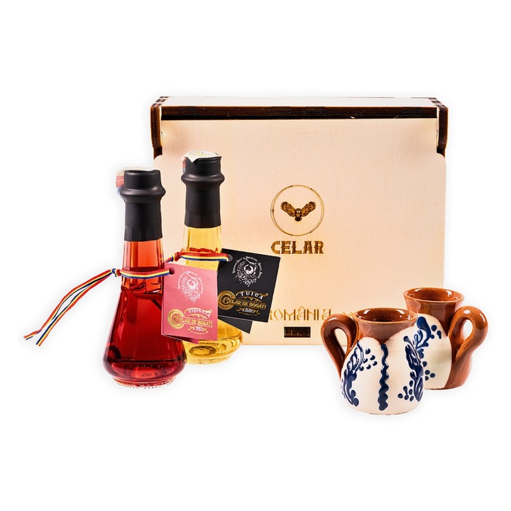 Cadou artizanal 2 Toiuri 50ml cu Tuica, Visinata si 2 cescute traditionale, CELAR