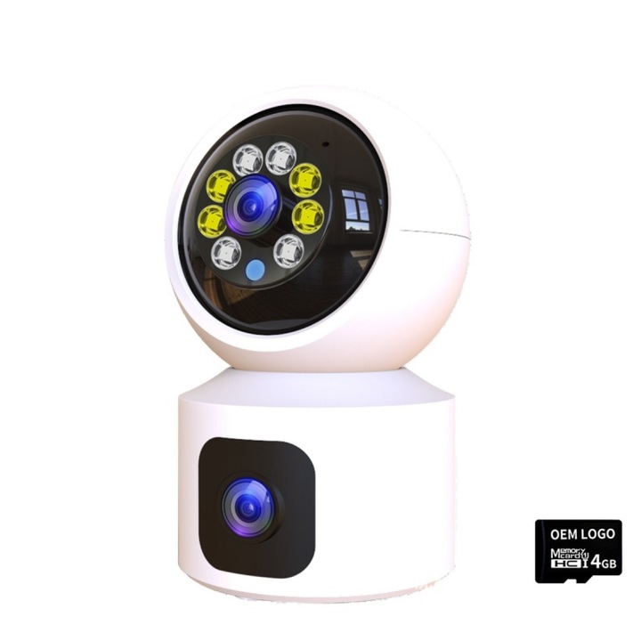 Camera de securitate interioara cu lentile duble, rotatie Pan/Tilt 360°, 3MP HD, alarma sonora si luminoasa, vedere nocturna, detectare miscare, audio bidirectional, conectivitate Wi-Fi, slot pentru card memorie inclus, carcasa alba