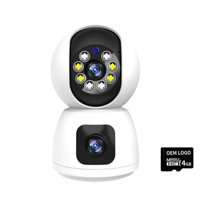 Вътрешна охранителна камера, двоен обектив, панорамиране/накланяне 320°, 2MP HD, може да се използва като бебефон (безжично предаване на аудио-видео), нощно виждане, детектор на движение, двупосочно аудио, Wi-Fi, включена карта памет, бял цвят