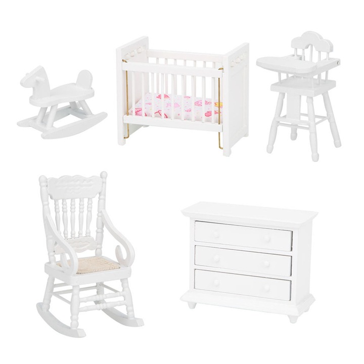 Mobilier casa de papusi, lemn si material textil, alb, 1:12
