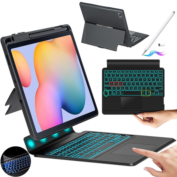 Husa Cu Tastatura Bluetooth Detasabila Pentru Samsung Galaxy Tab S6 Lite de 10.4" 2024/2022/2020, Fara fir, Bluetooth, Iluminare De Fundal in 7 Culori, Stylus Pen, Membrana Din Silicon Pentru Tastatura, Negru