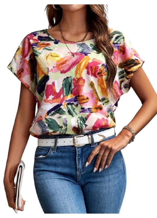 Bluza eleganta, office, model abstract floral, Alb/Multicolor