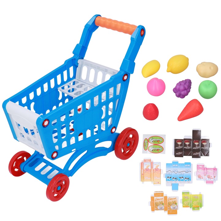 Set carucior de cumparaturi pentru copii, jucarie interactiva, plastic, multicolor