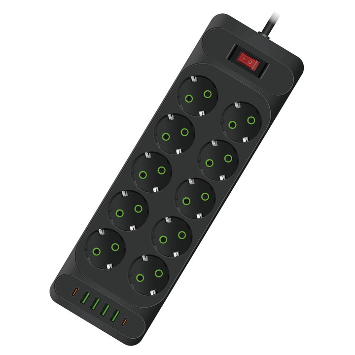 Hosszabbító kábel, Axroad Mall, Hosszabbító kábel 10 aljzattal/4 USB/2 Type-c, 2500W, Gyorstöltéshez, Független kapcsoló, Gyermekvédelem, Túlfeszültségvédelem, 2M, Otthoni és irodai használatra, ABS, 38×16,5×5cm, Fekete