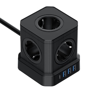 Prelungitor, Axroad Mall, Prelungitor, cu 3*USB/1*Type-C/5*Prize curent alternativ, 250V/16A, 4000W, PD 20W, Pentru incarcare rapida de 5V/2.4A, Comutator ON/OFF, 2M, Protectie la supratensiune, ABS+PC, 10*10*9.8CM, Negru