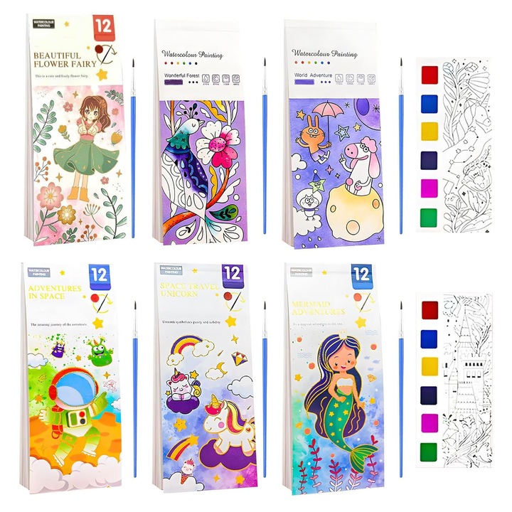 Комплект от 6 книжки за оцветяване с вода, Axroad Mall, Вълшебна книжка за вода, С 6 четки, Забавни и релаксиращи рисунки, 12 страници, Нетоксични, Безопасни и екологични, Творческа дейност за всички възрасти, Хартия, 8*19 см, Многоцветни