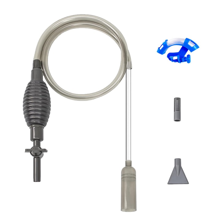 Set aspirator pentru acvariu, Axroad Mall, Pompa manuala de curatare pentru acvariu 3m, Cu supapa, 2 duze, suport, ratare filtru intern, Sifon, Pentru schimbarea apei si curatarea nisipului, Plastic, Gri