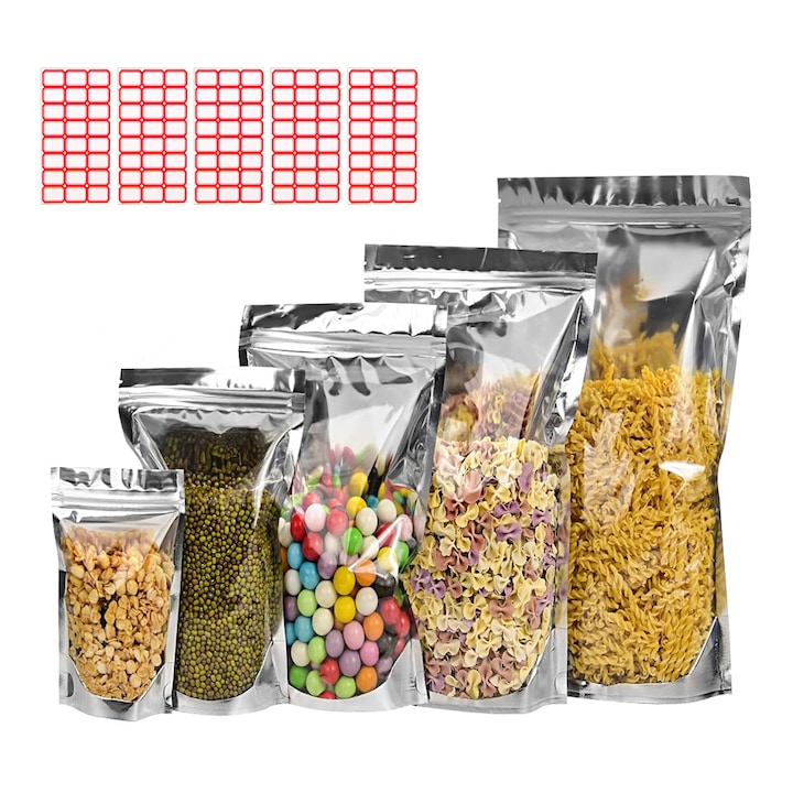 100 db-os alufólia tasak és 5 db kézzel írott címke szett, Ronyes®, áttetsző, cipzáras, újrafelhasználható, multifunkcionális, 9x13cm/10x15cm/12x17cm/12x20cm/13x18cm, ezüst