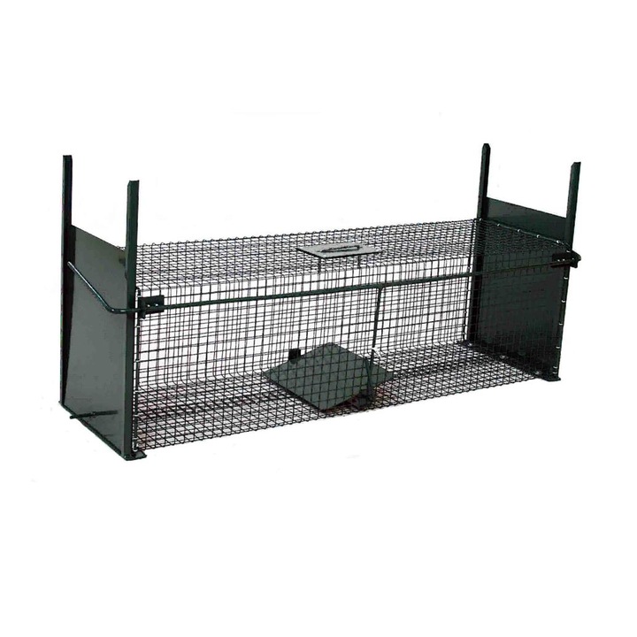 Capcana pentru captare vie ITA H&G, 100x30x30cm, Pentru vulpi, hermine, dihori si alte daunatori, Mecanism cu trepte, Doua intrari, Verde