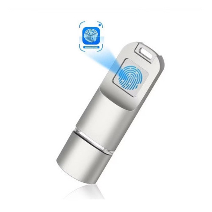 USB памет със сканиране на пръстови отпечатъци 3.0, 128 Gb, метална, сива, шифрована с пръстови отпечатъци