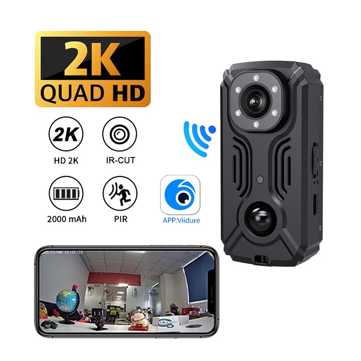 Camera sportiva, 2K, WIFI, senzor corporal PIR, suporta card TF de 8-128 GB, tehnologie anti-divergenta IR-CUT, vedere nocturna in infrarosu, control APP, durata de viata a bateriei 8 ore, compact si portabil, negru