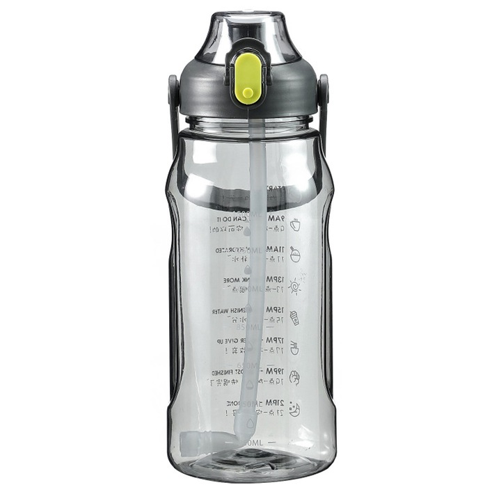 Бутилка за вода със сламка, 1.5 л, мотивационна, прозрачна/черна