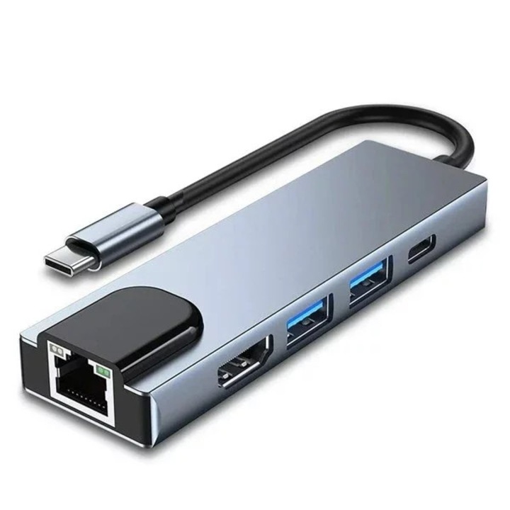 Adaptor Ecobox Dex 5 in 1, HDMI 4K, USB 3.0, RJ45, USB-C, argintiu, 17x8x2cm