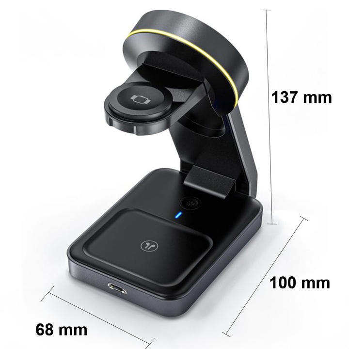 3 az 1-ben vezeték nélküli töltő, 15 W, Mag Safe, iPhone, Apple Watch, AirPods készülékekhez, fekete