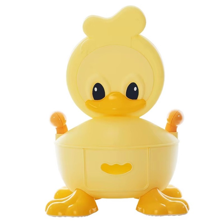 Olita copii Little Mom Yellow Duck cu adaptor din spuma PU, cu compartiment de colectare detasabil, capac rabatabil cu functie de spatar, manere, spatar ergonomic, protectie antistropire, zone antiderapante