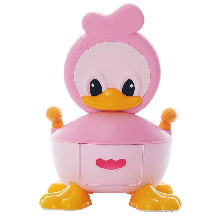 Olita copii Little Mom Pink Duck cu adaptor din spuma PU, cu compartiment de colectare detasabil, capac rabatabil cu functie de spatar, manere, spatar ergonomic, protectie antistropire, zone antiderapante