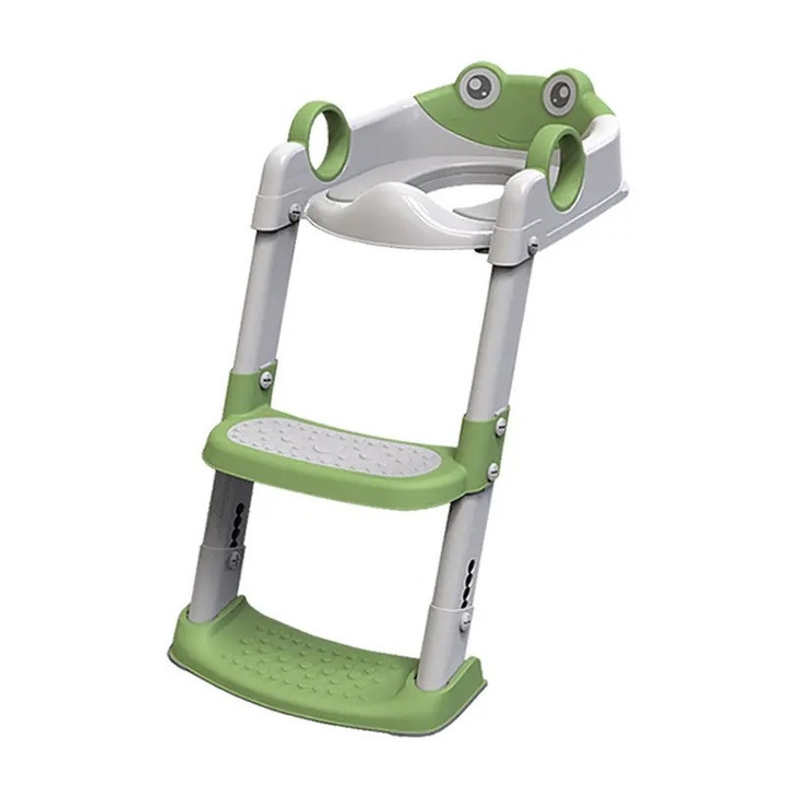 Reductor WC copii Little Mom Green Frog, pliabil, cu colac detasabil moale din PU, inaltime reglabila pe 5 nivele, manere ergonomice si protectie antistropire, compatibilitate universala, baza antiderapanta