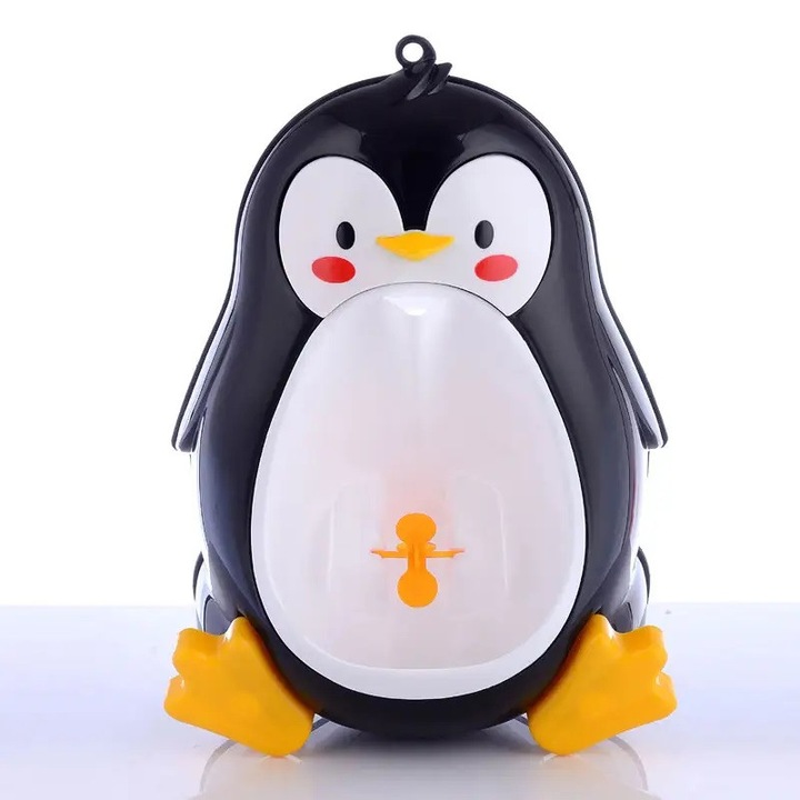 Pisoar pentru baieti Little Mom Cute Penguin Black sigur si rezistent, cu montare versatila prin ventuze de perete, sau agatare, dimensiune 26 x 37cm