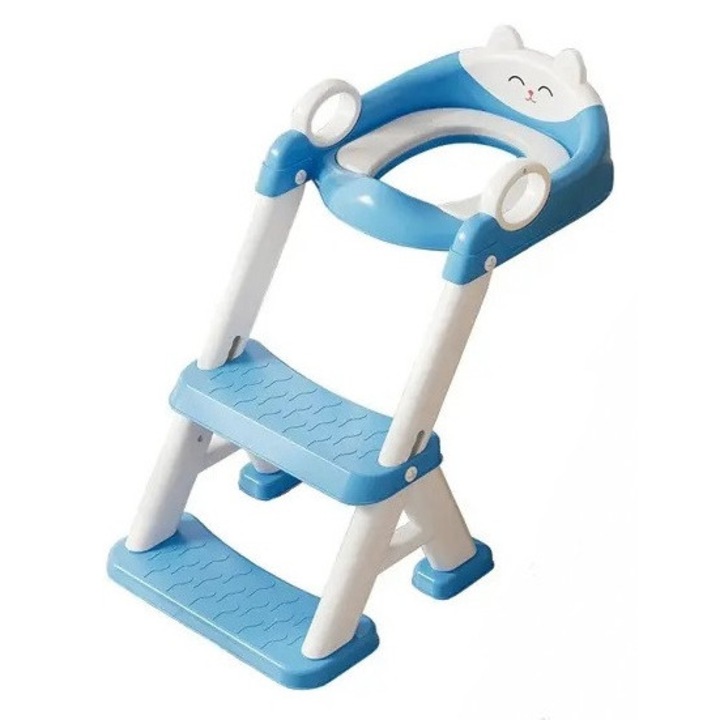 Reductor toaleta pentru copii Little Mom Teddy blue, cu doua trepte, colac moale din pvc detasabil, pliabil, design anti-stropire, baza antiderapanta, inaltime reglabila, spatar si manere, compatibilitate universala