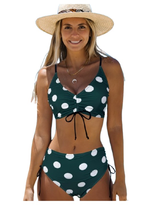 Costum de baie sexy, verde cu buline albe, marime M